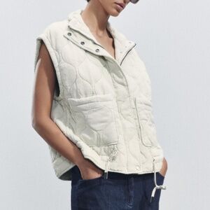 Zara oversized ecru off white lyocell and cotton quilted puffer vest NWT